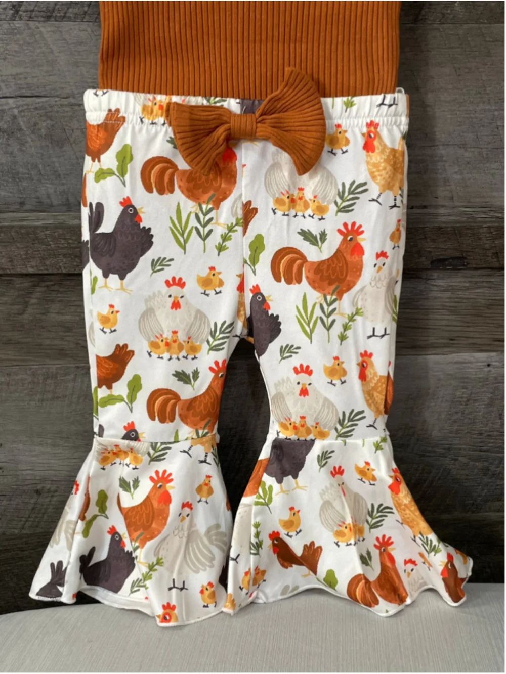 Baby Girl 3-6 Month Ribbed Bodysuit Chicken Print Bell Bottom Matching Set